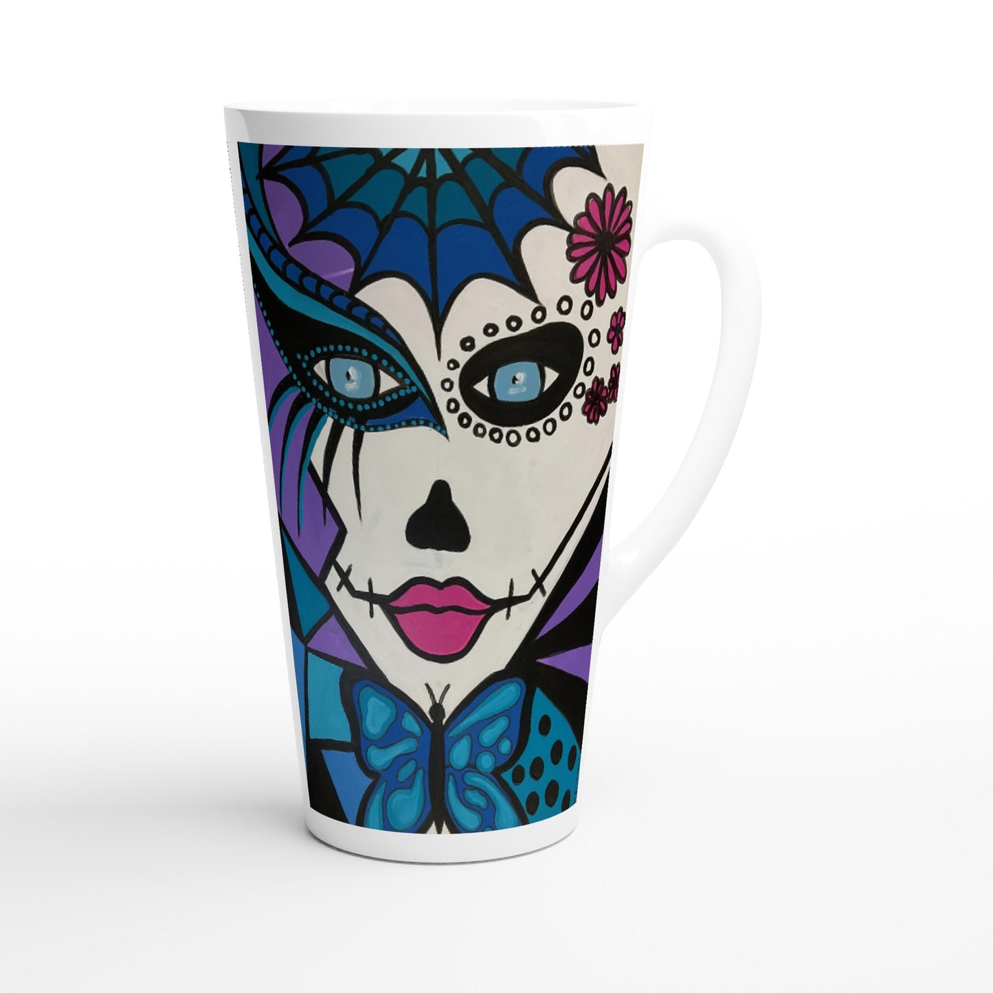 seitliche linke Aufnahme, von einer konischen Keramiktasse der Marke Zeniart, mit dem Motiv Mictecacihuatl Woman