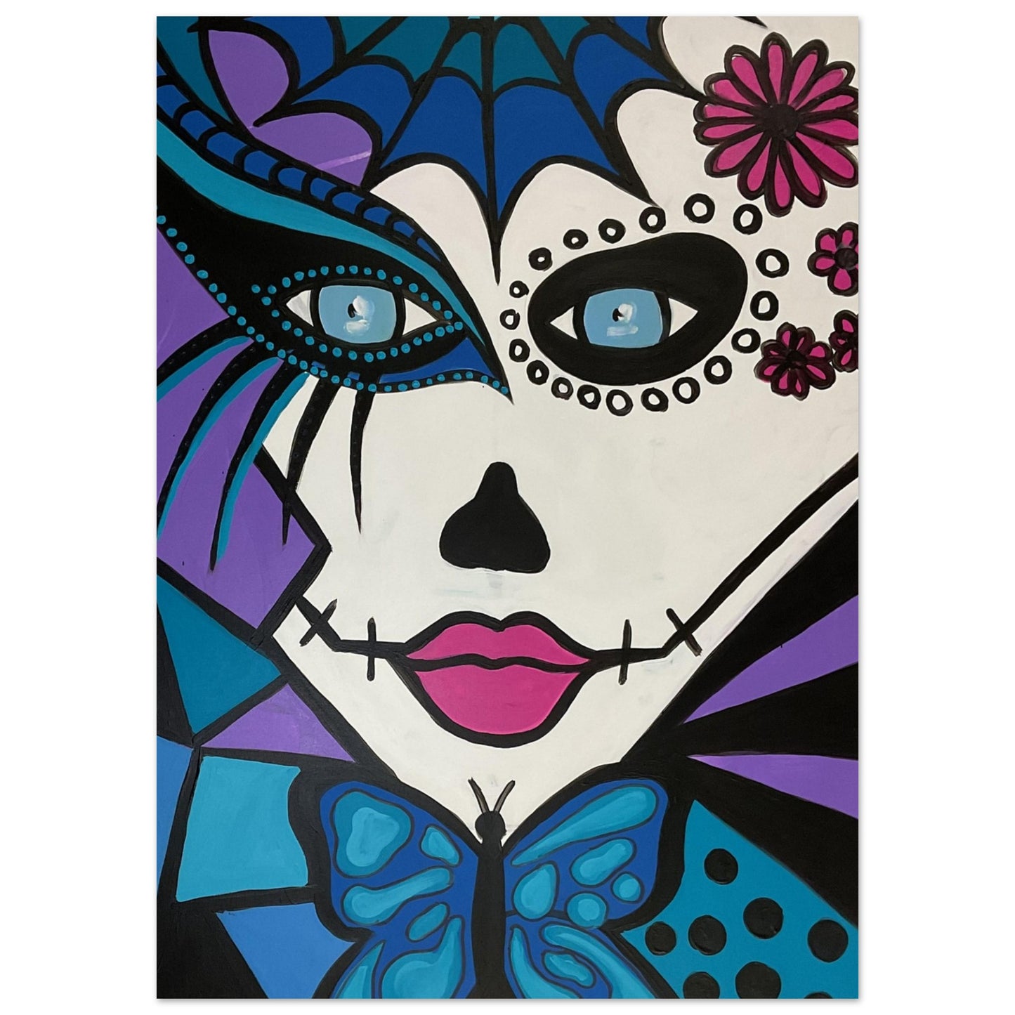 Die Aufnahme zeigt einen Kunstdruck der Marke ZeniArt mit dem Motiv "Mictecacihuatl Woman" auf mattem Papier