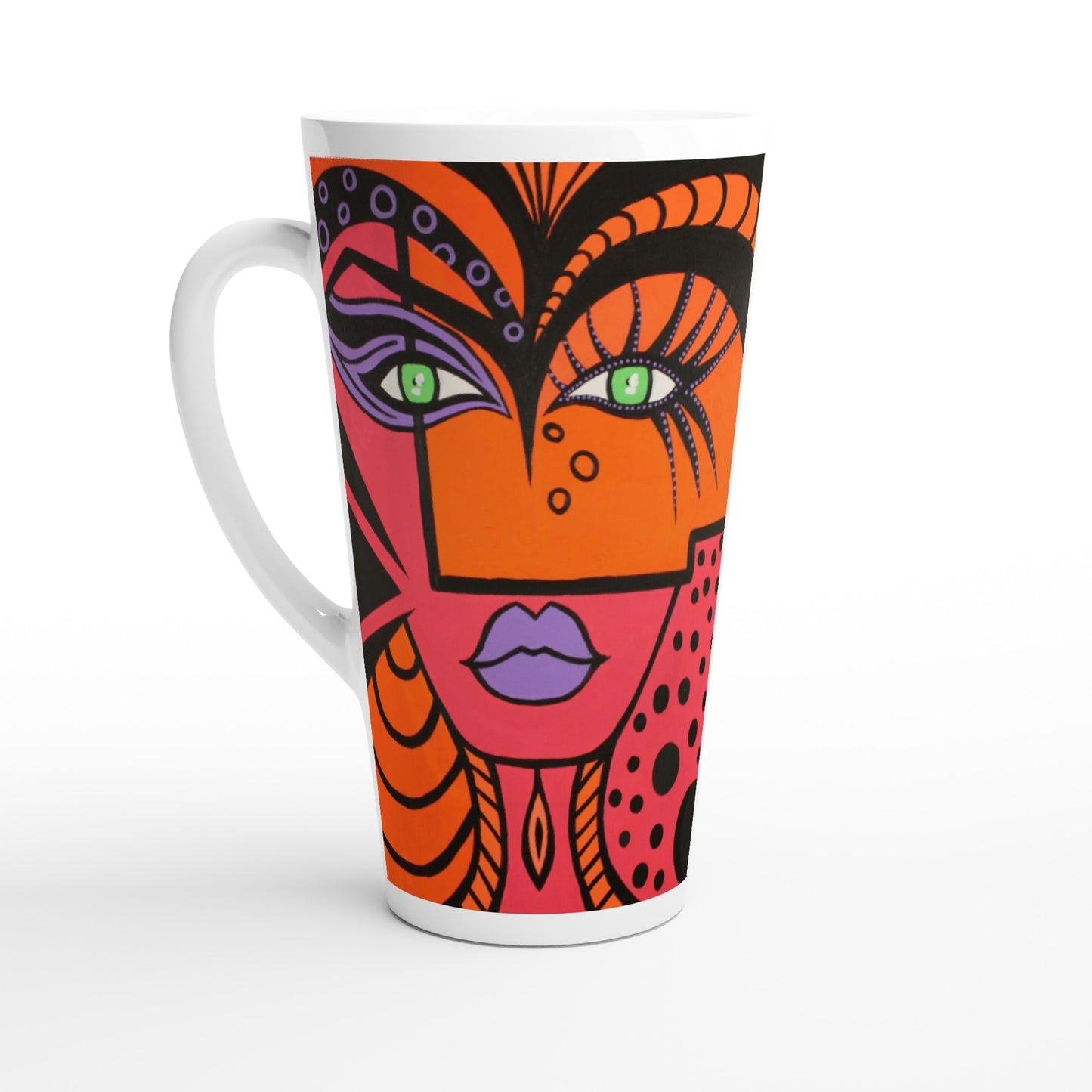 seitliche rechte Aufnahme, von einer konischen Latte Tasse der Marke Zeniart, mit dem Motiv Woman of Lust