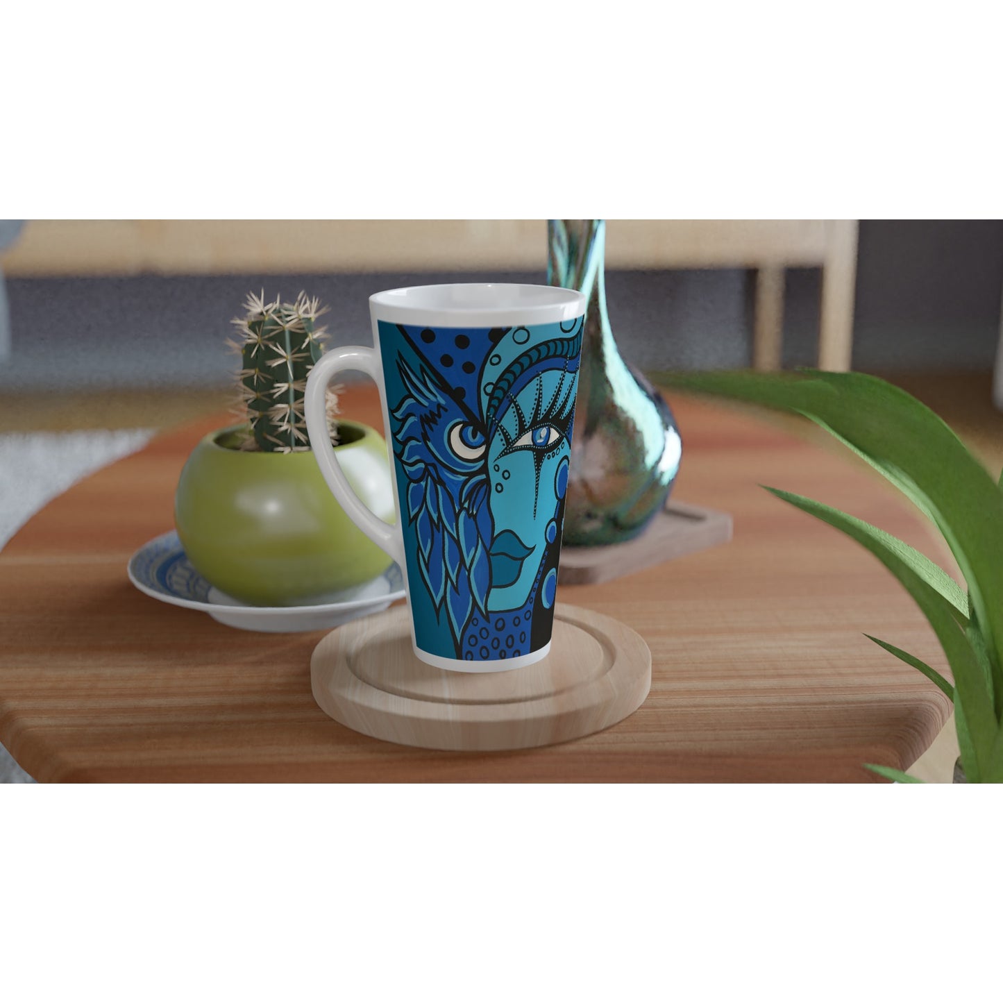 Weiße Latte-Tasse Blue Owl Woman/Cheetah Woman 500ml