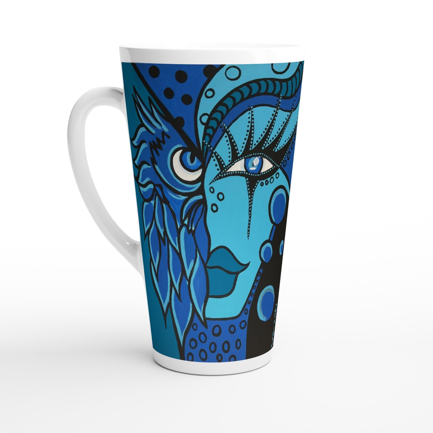 seitliche linke Aufnahme, von einer konischen Keramiktasse der Marke Zeniart, mit dem Motiv Blue Owl Woman