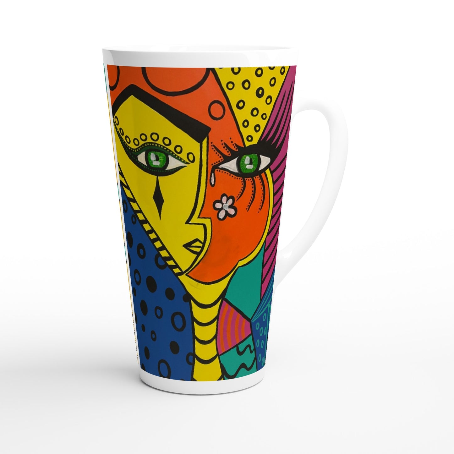 seitliche rechte Aufnahme, von einer konischen Keramiktasse der Marke Zeniart, mit dem Motiv Orange Woman