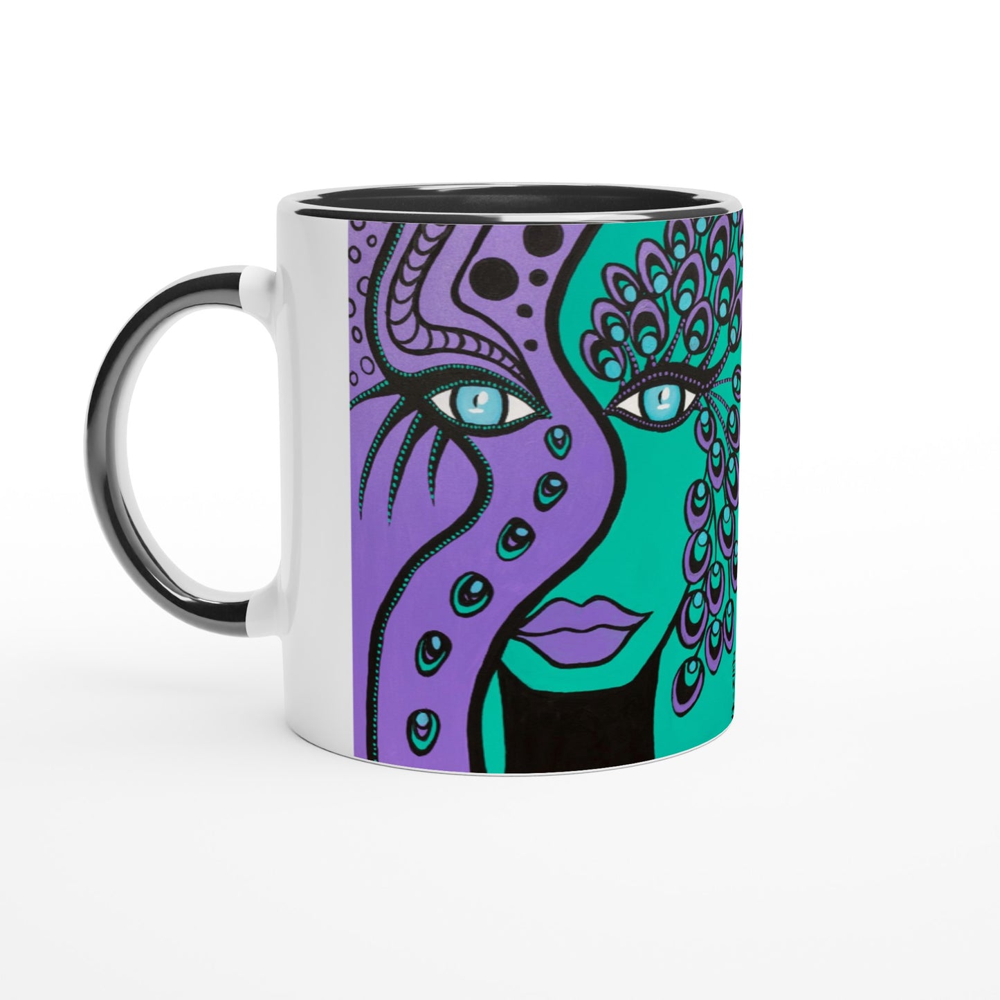 das Motiv Peacock Woman auf der linken Seite einen Kaffeebecher von ZeniArt wurde abgelichtetvon