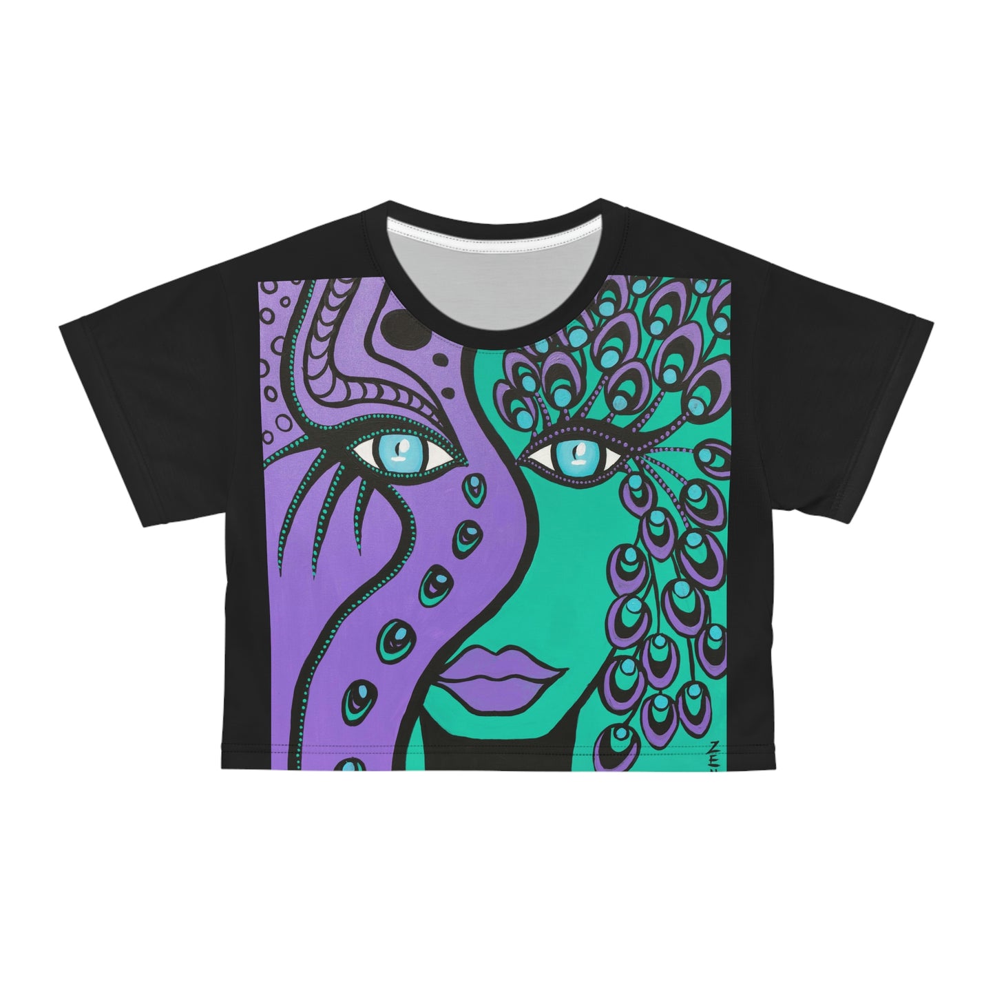 Crop top mit dem ausgefallenen außergewöhnlichen Motiv Peacock Woman von ZeniArt bedruckt