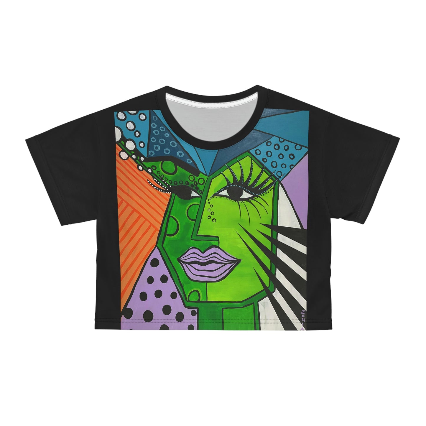 2D Ansicht des kurzärmeligen extravaganten Crop Top Purple Lips Woman von ZeniArt
