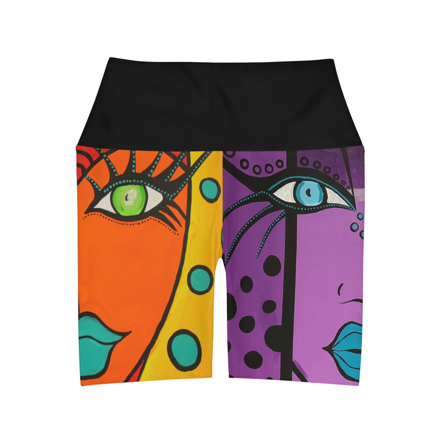 Frontaufnahme derYoga Shorts mit hoher Taile, der Marke ZeniArt, zu sehen ist der breite elastische Bund in schwarz, sowie rh das Motive - Orange Woman und links Purple Butterfly Woman