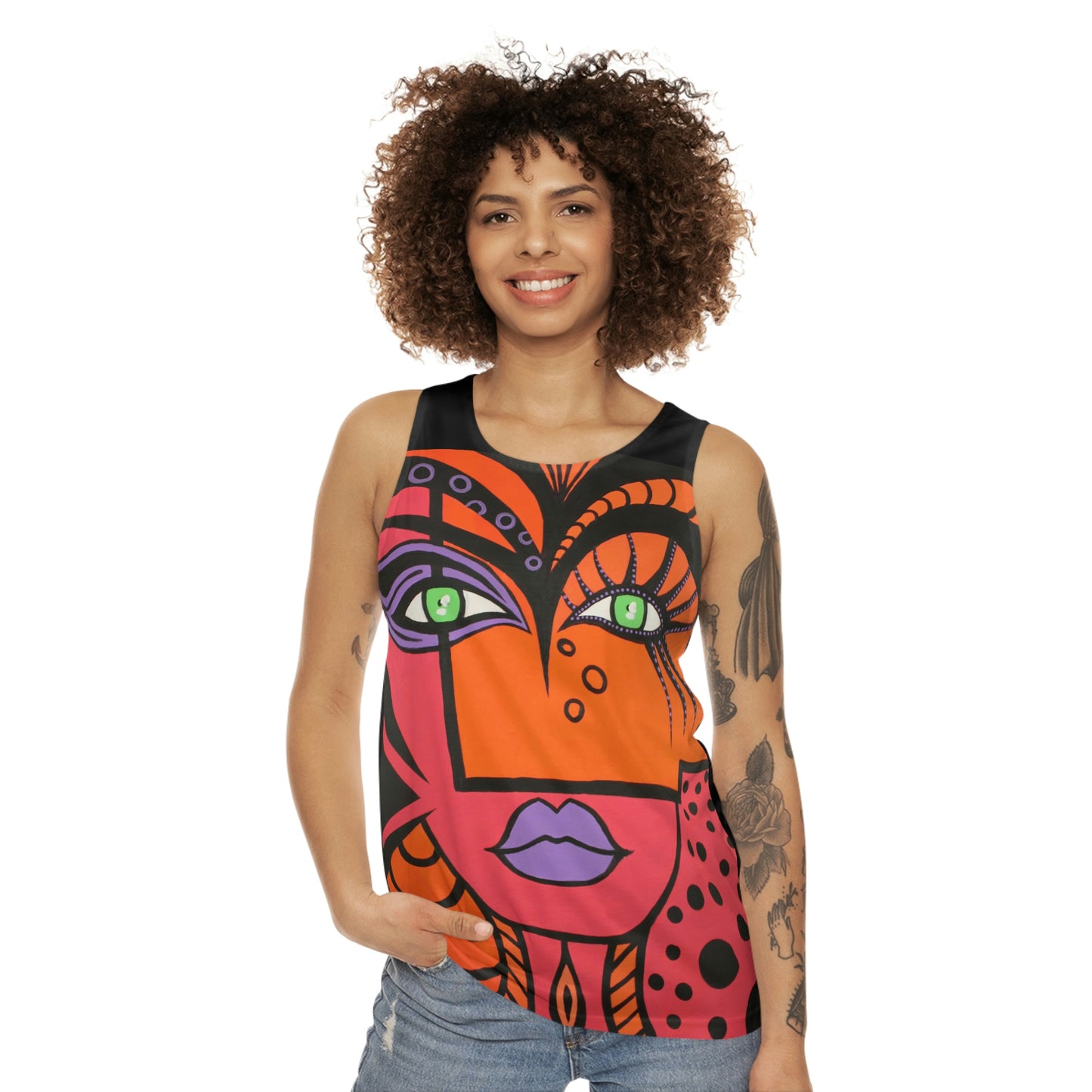 Frontaufnahme eines Models mit einem Unisex Tank Top "Woman Of Lust" der Marke ZeniArt