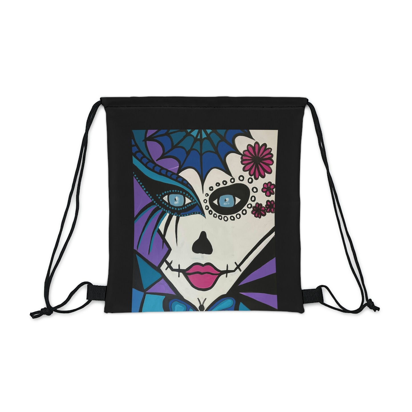 Frontaufnahme einer leeren platten Kordelzugtasche der Marke ZeniArt, mit dem Motiv Mictecacihuatl Woman