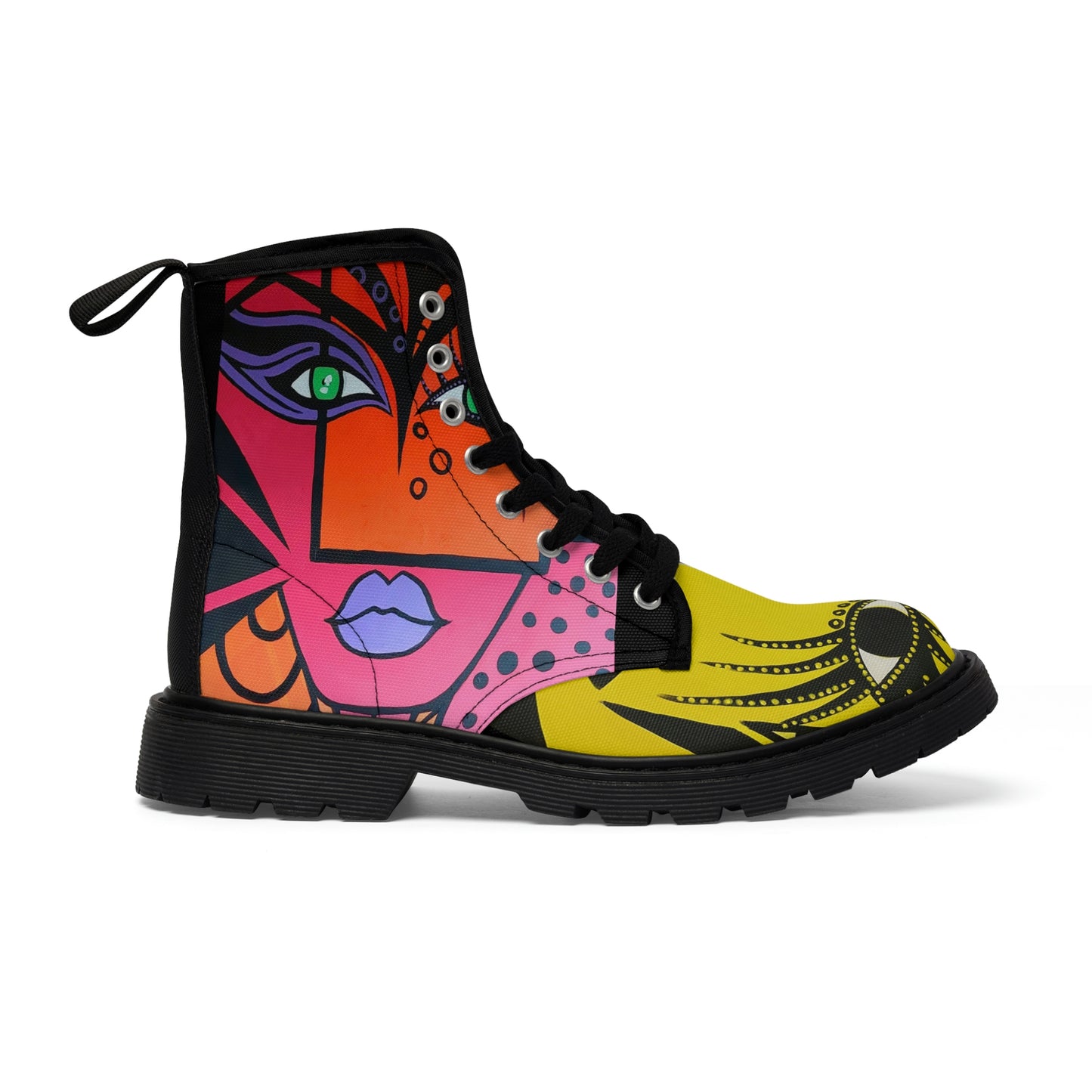 recht Seite des klassische Canvas Boots Damen ZeniArt- Cheetah-, Cobra Woman, Woman of Lust. der Schuhhals ist mit Woman of Lust und die Schuspitze mit Cheetah Woman bedruckt