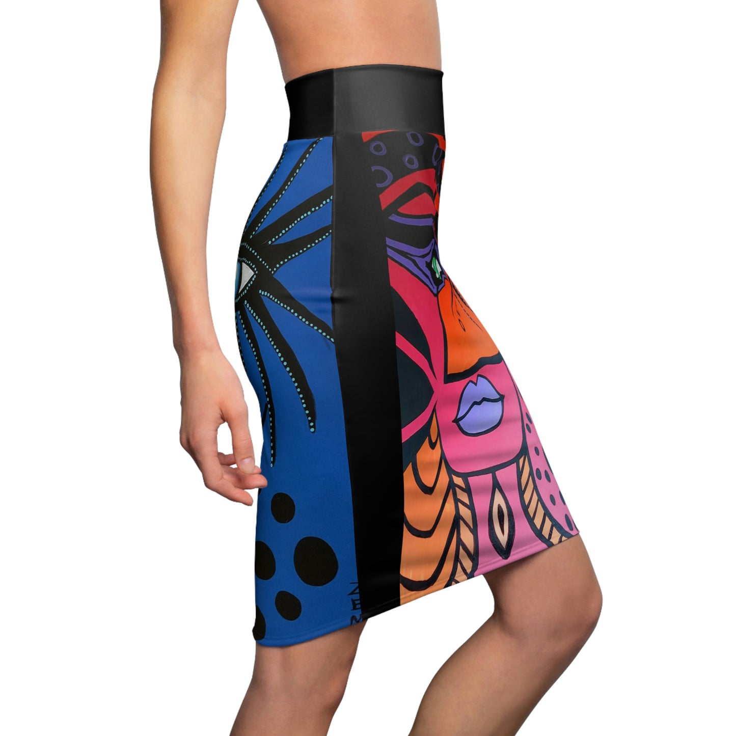 zu sehen ist der zweimotivige Bleistiftrock Woman Of Lust/Cobra Woman, wie er beim Tragen von der Seite aussieht