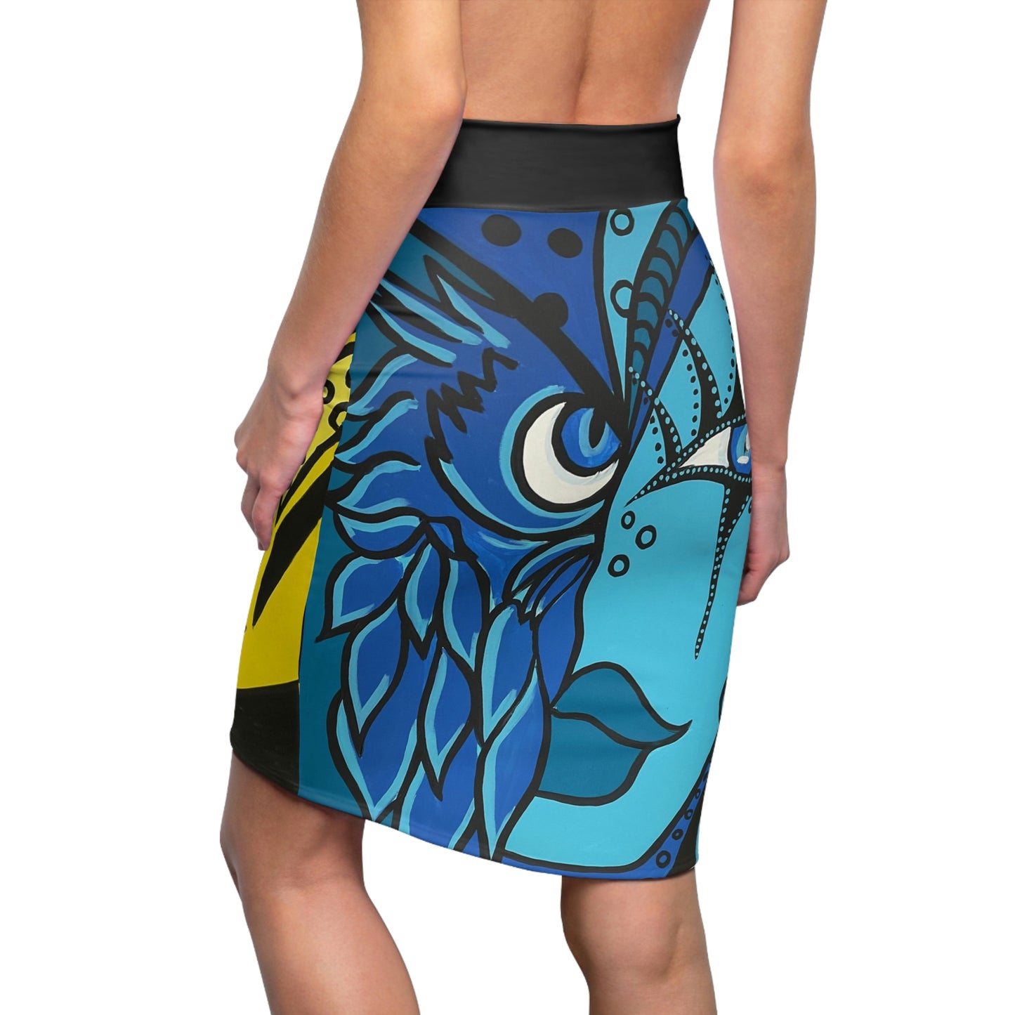 Blue Owl Woman - Motiv auf der Rückseite des Diven Bleistiftrocks von ZeniArt