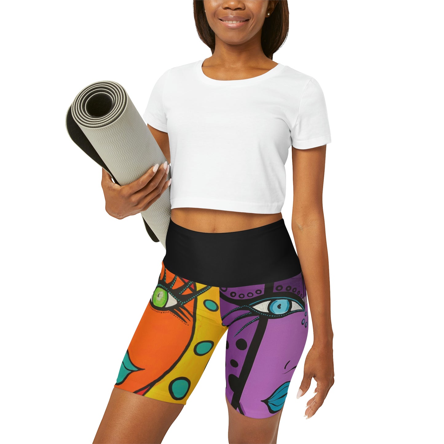 Yoga Shorts mit hoher Taile, ZeniArt - Orange Woman/Purple Butterfly Woman