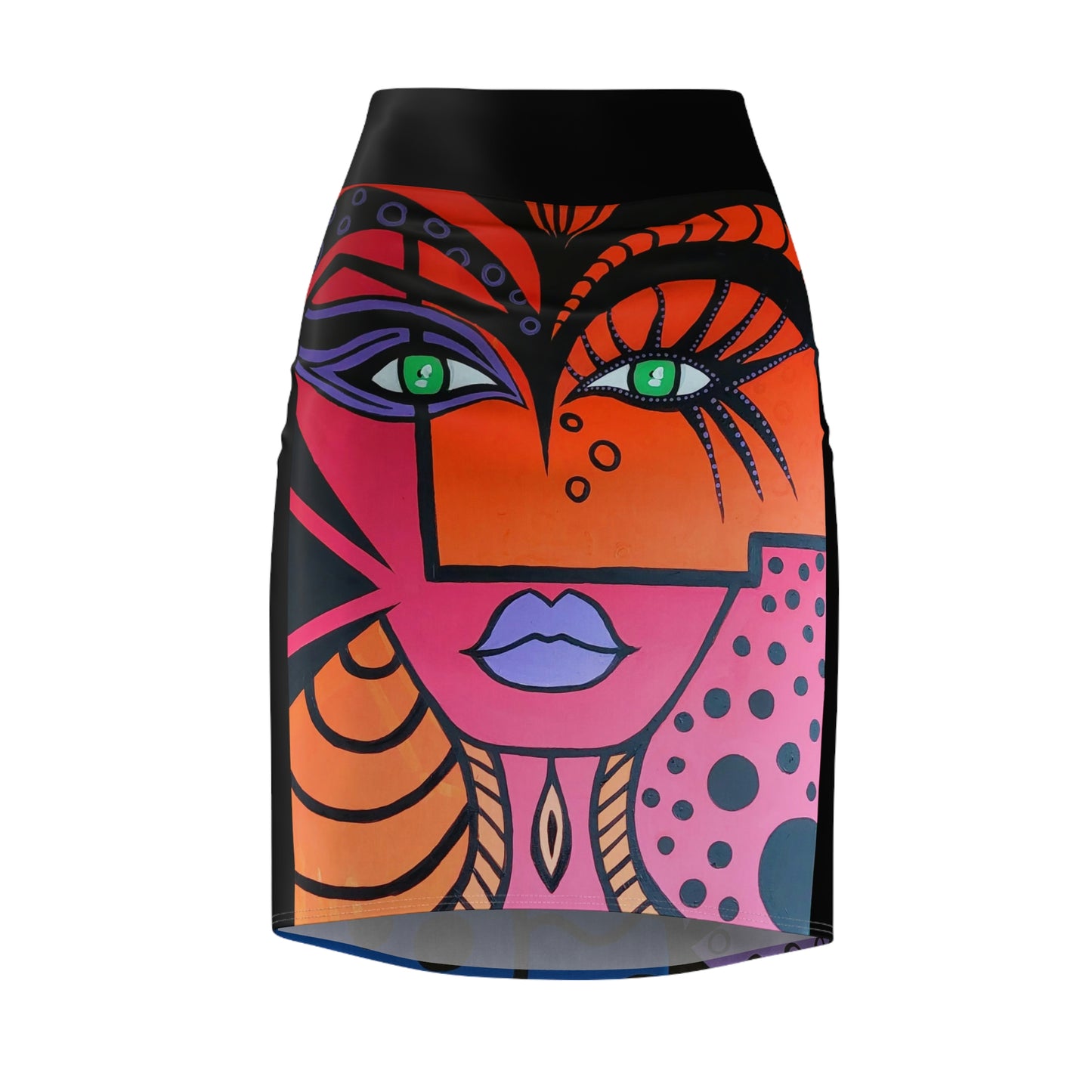 Frontaufnahme eines Bleistiftsrocks mit zwei verschiedenen Motiven, der Marke ZeniArt, zu sehen ist das Motiv "Woman of Lust"