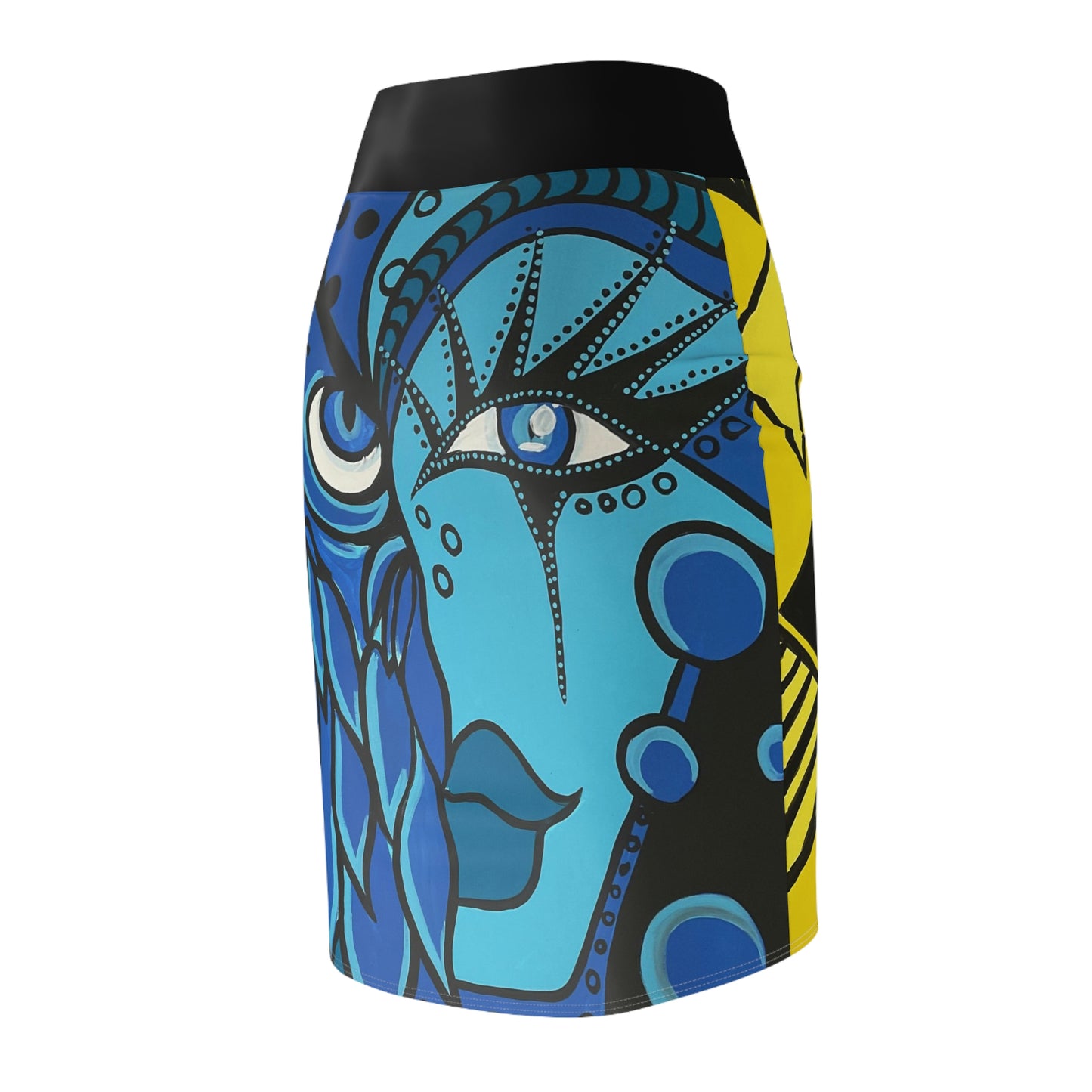 Blue Owl Woman ist eins von zwei Motiven auf diesen außergewöhnlichen Bleistiftrock von ZeniArt