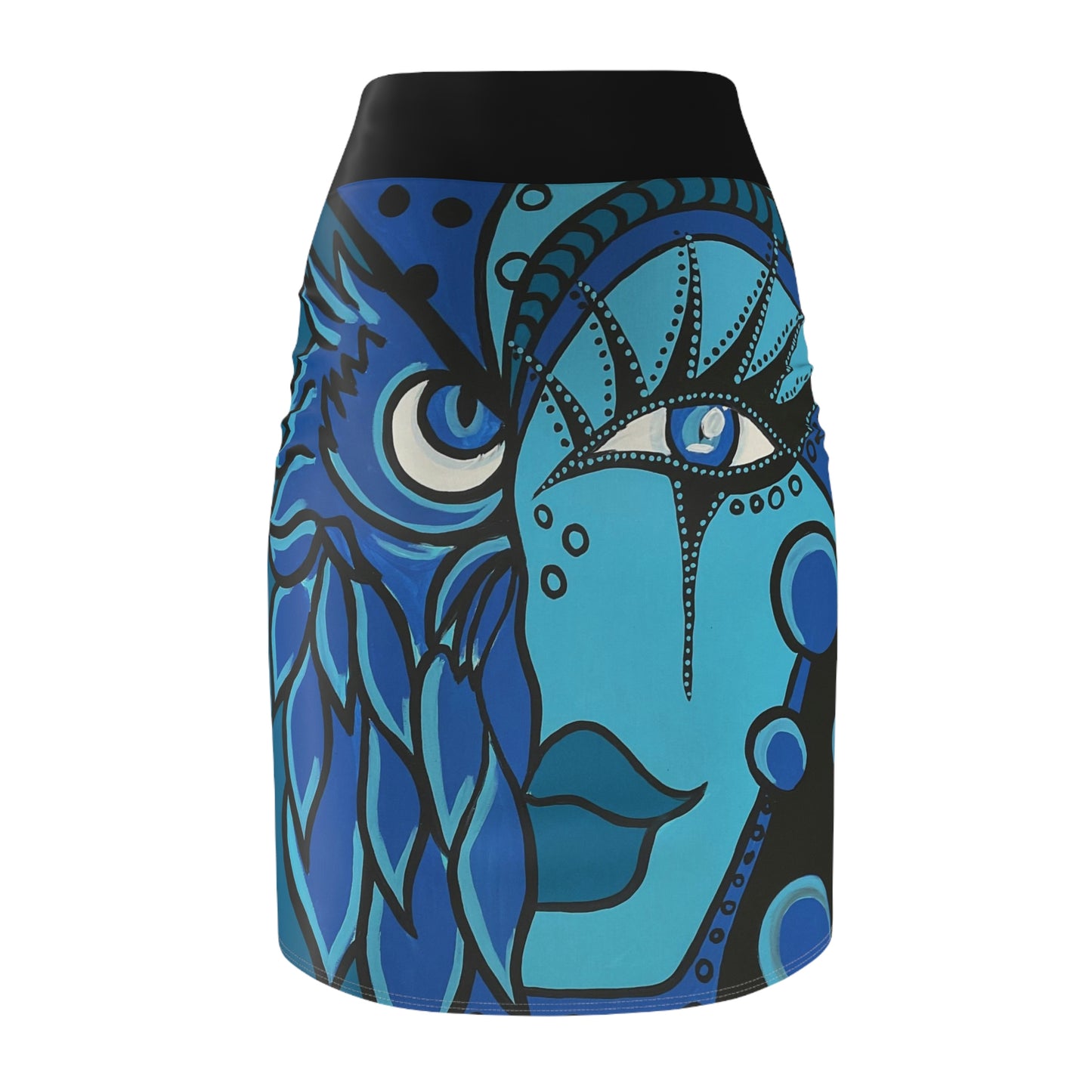 Rückseite eines extravaganten Rocks für Diven der Marke Zeniart, Motiv Blue Owl Woman