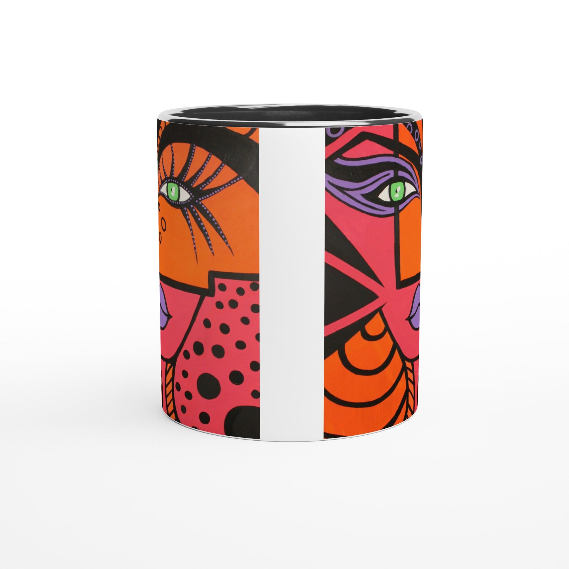 Aufnahme der Woman of Lust Tasse von vorne. Zusehen sind die bedruckten Seiten, die durch einen unbedruckten Bereich getrennt sind