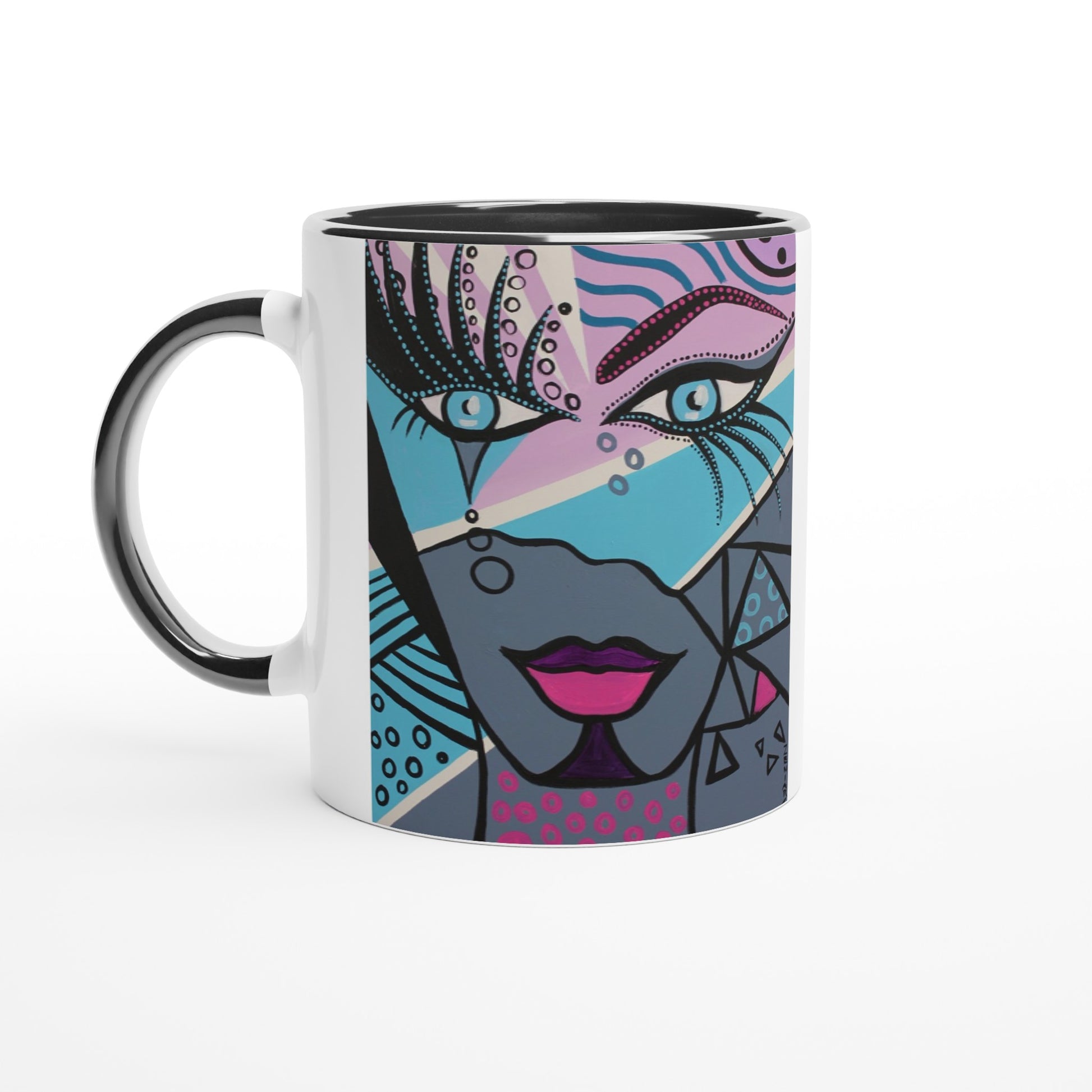 Aufnahme einer Tasse von der Marke ZeniArt. Zu sehen ist die linke Seite mit dem Motiv Mirror Woman