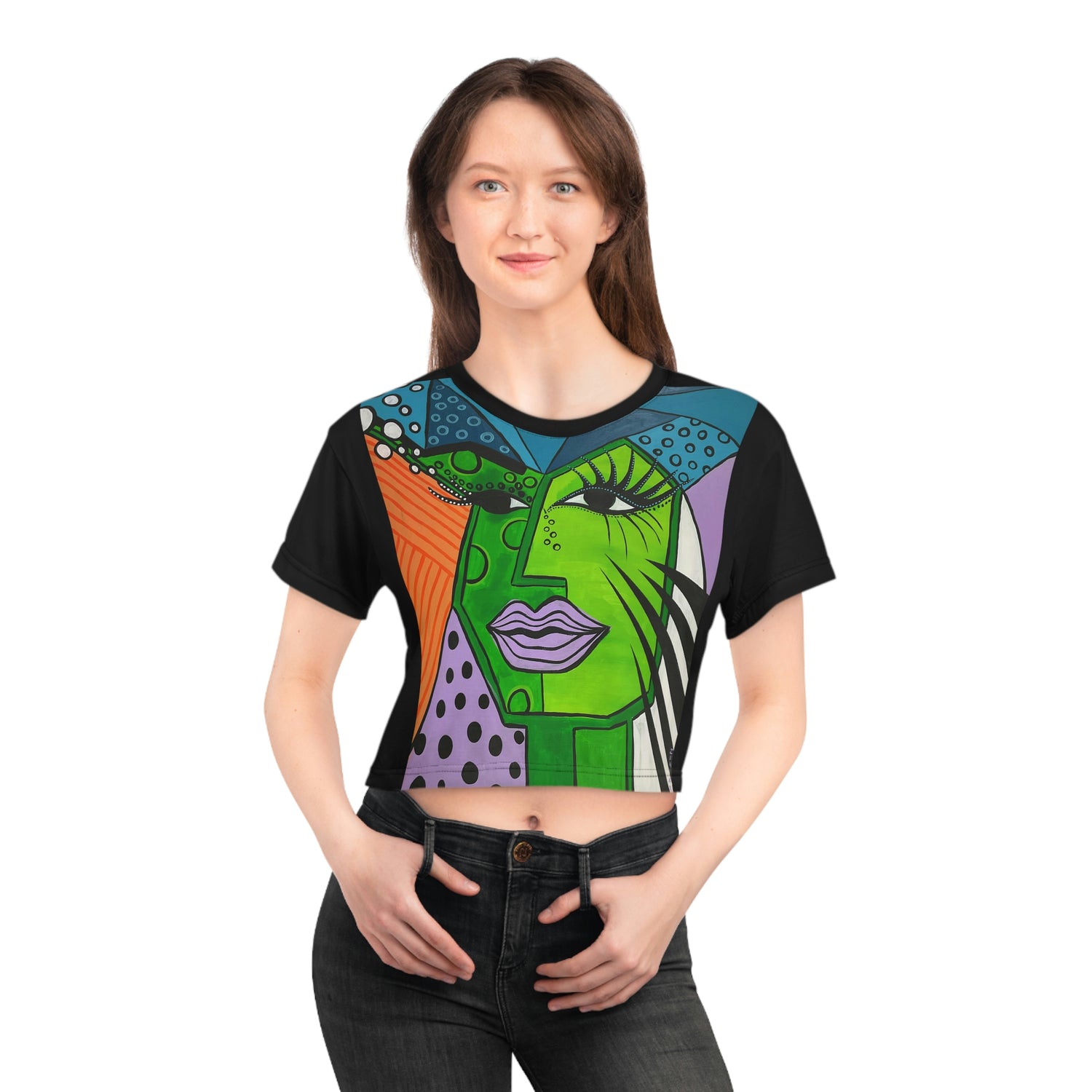 Aufnahme einer jungen Frau mit dem Crop Top " Purple Lips Woman" der Marke ZeniArt