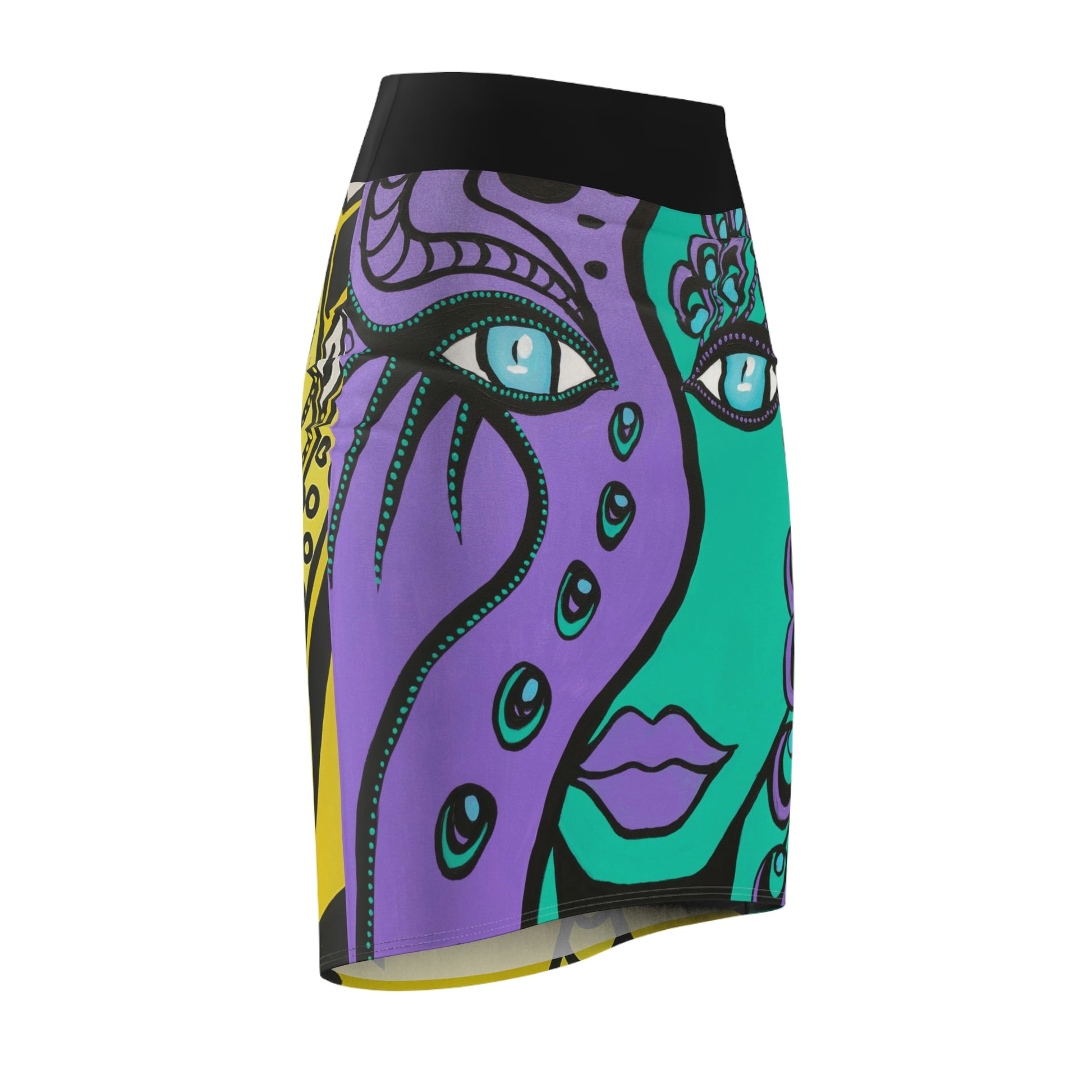 seitliche Vorderseite des Bleistiftrock Peacock/Cheetah Woman
