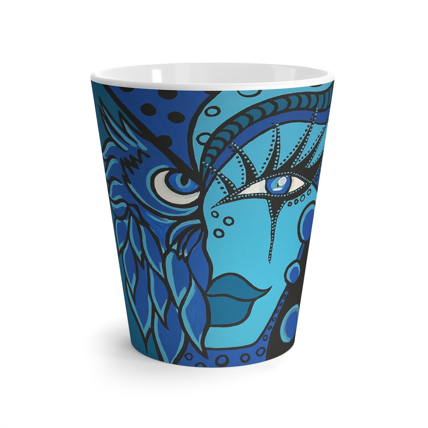 Vorderansicht eines konischen Gefäßes von ZeniArt mit dem Motiv Blue owl Woman