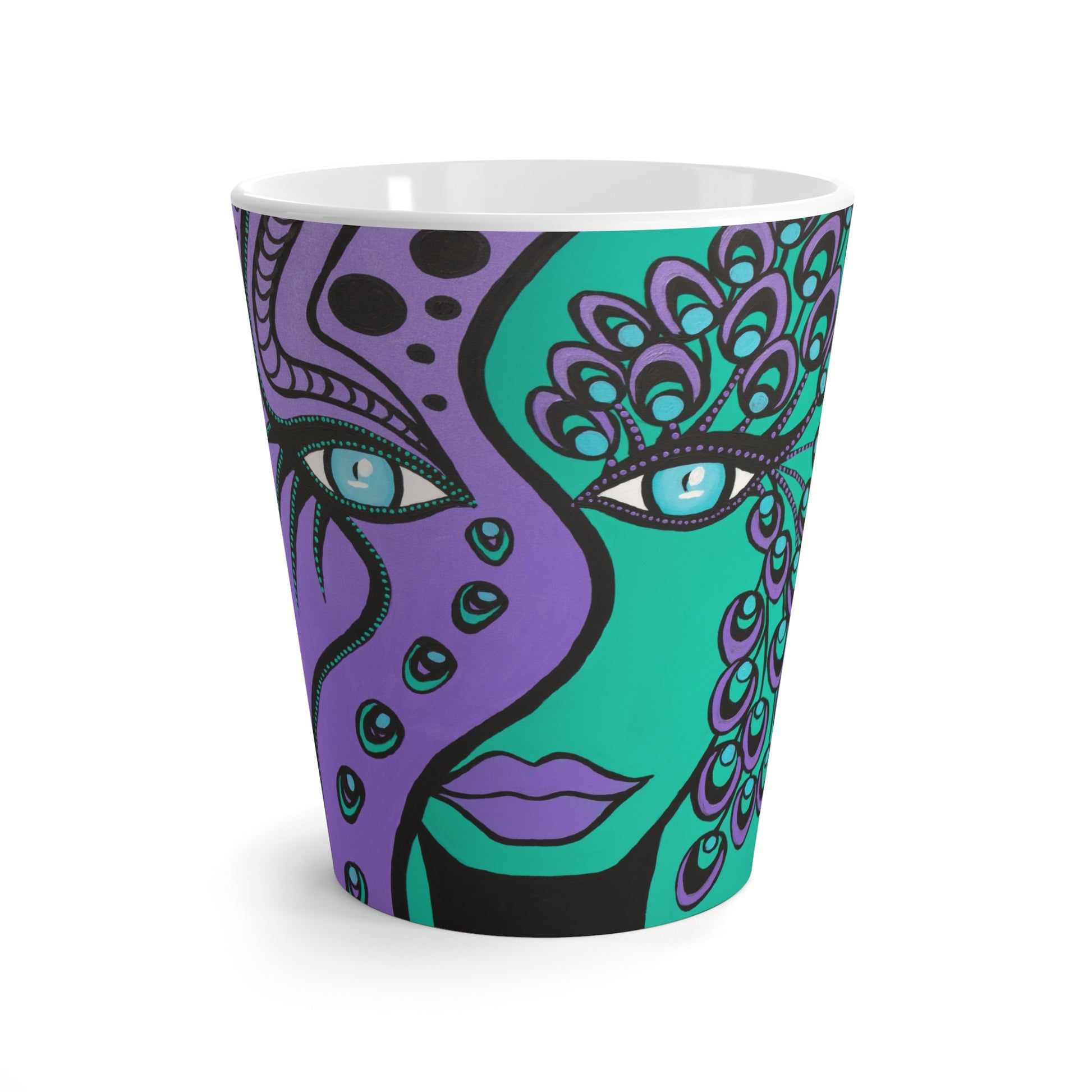 Vorderansicht einer konischen Tasse von  ZeniArt mit dem Motiv Peacock Woman