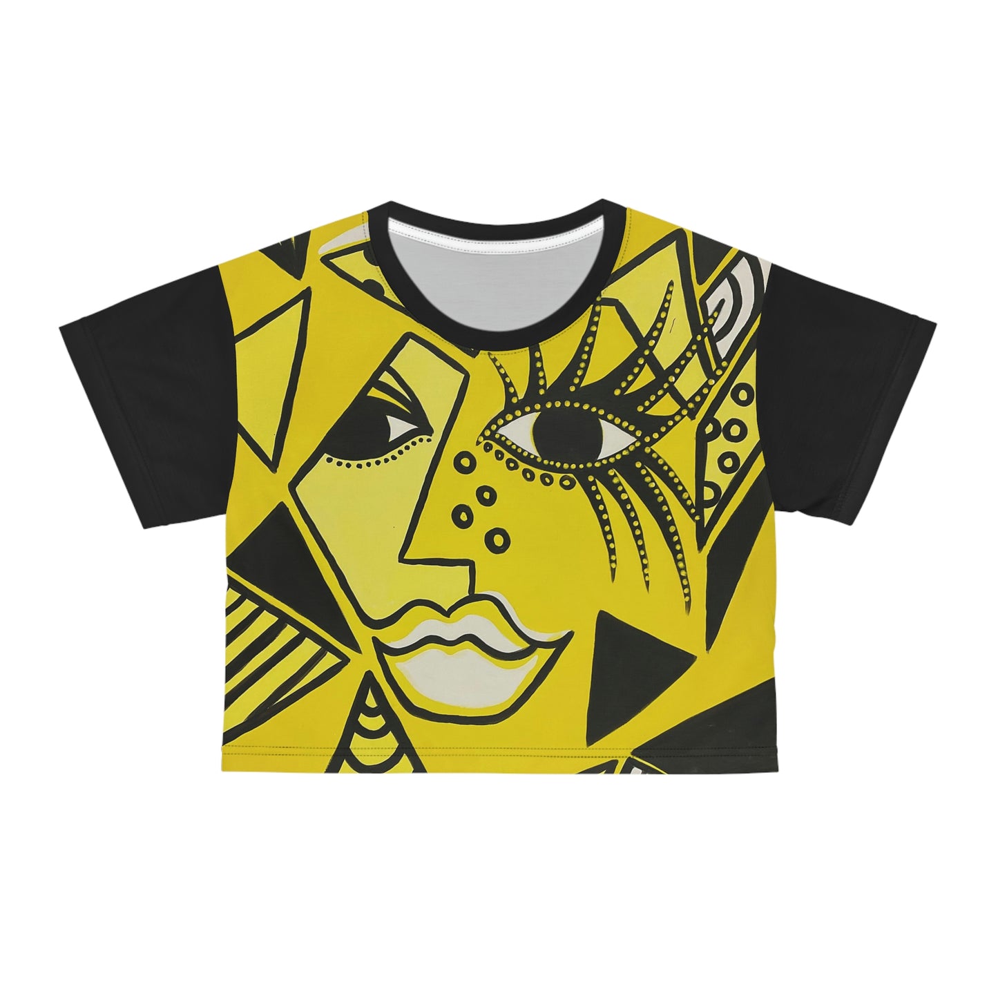 Crop Top, ZeniArt - Cheetah Woman, 2D Ansicht , gut zu sehen der Rippenstrickkragen mit Naht - der den Kragen hochelastisch und formstabil macht