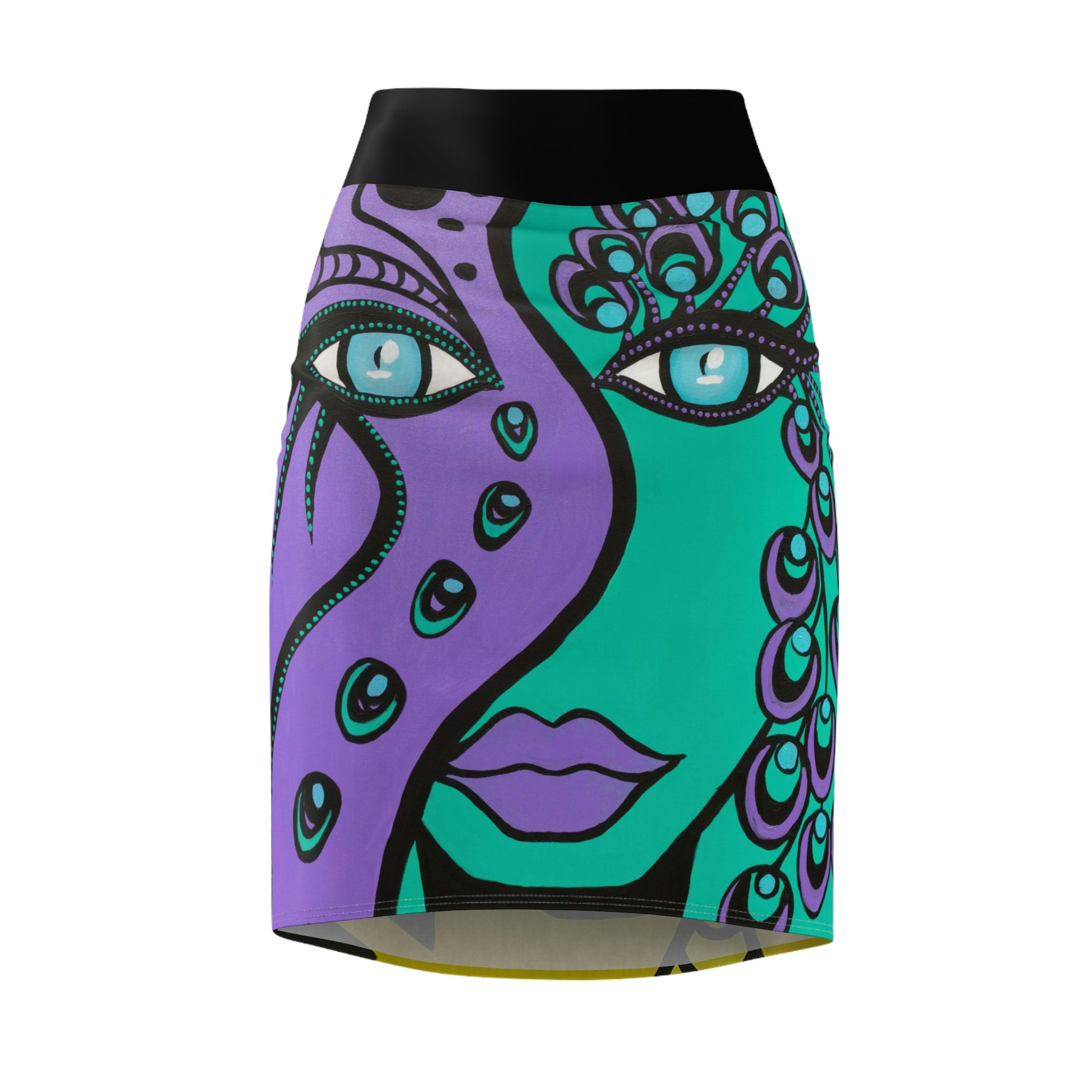 vordere Seite des Bleistiftrock Peacock/Cheetah Woman von ZeniArt. zu sehen ist das außergewöhnlihe Motiv Peacock Woman