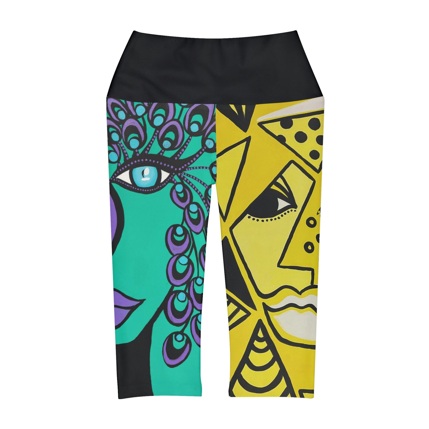 2D Ansicht derYoga Capri Leggings ZeniArt - Peacock und Cheetah Woman mit elastischen Bund