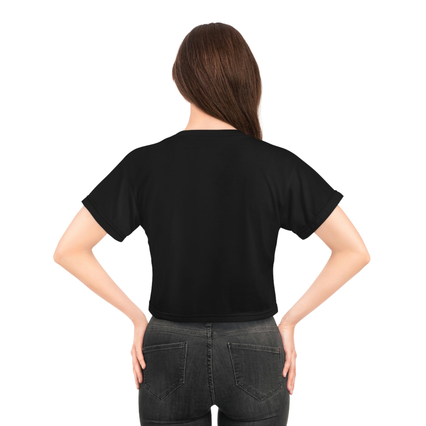 Model mit der schwarzen Rückseite des extravaganten Crop Top, ZeniArt - Mictecacihuatl Woman