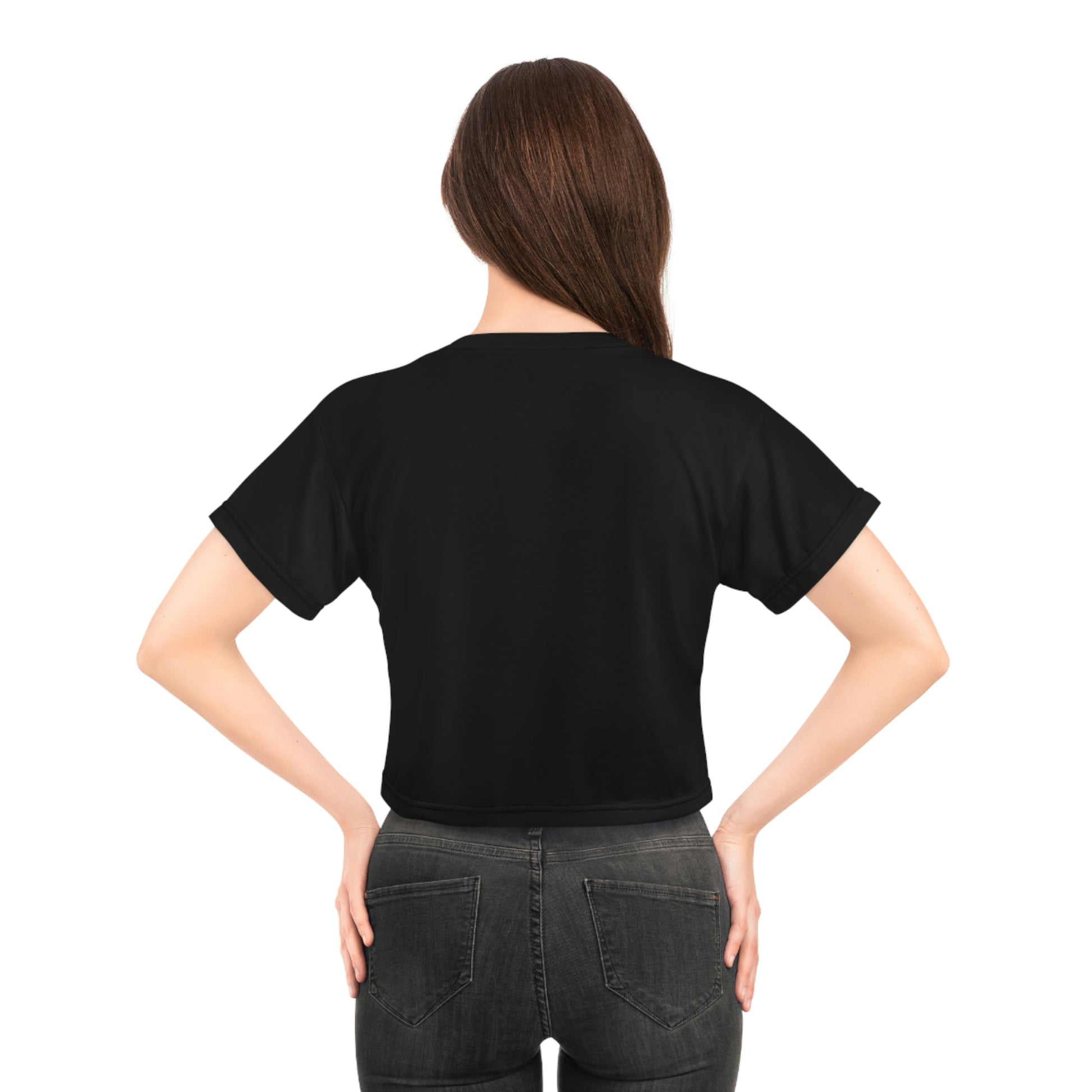 Model mit der schwarzen Rückseite des extravaganten Crop Top, ZeniArt - Mictecacihuatl Woman