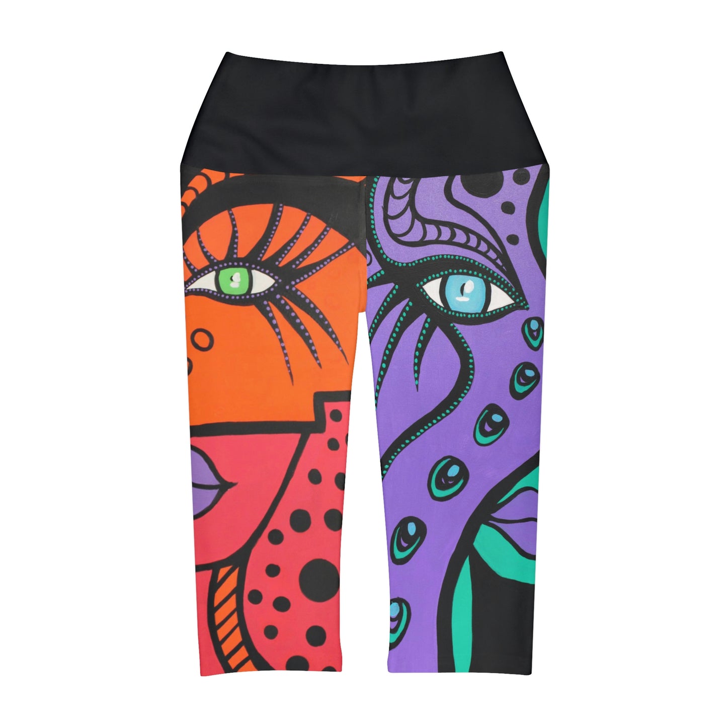 Front Ansicht der ausgefallenen Yoga Capri Leggings Peacock Woman / Woman Of Lust der Marke ZeniArt mt hochgezogenen elastischen Bund