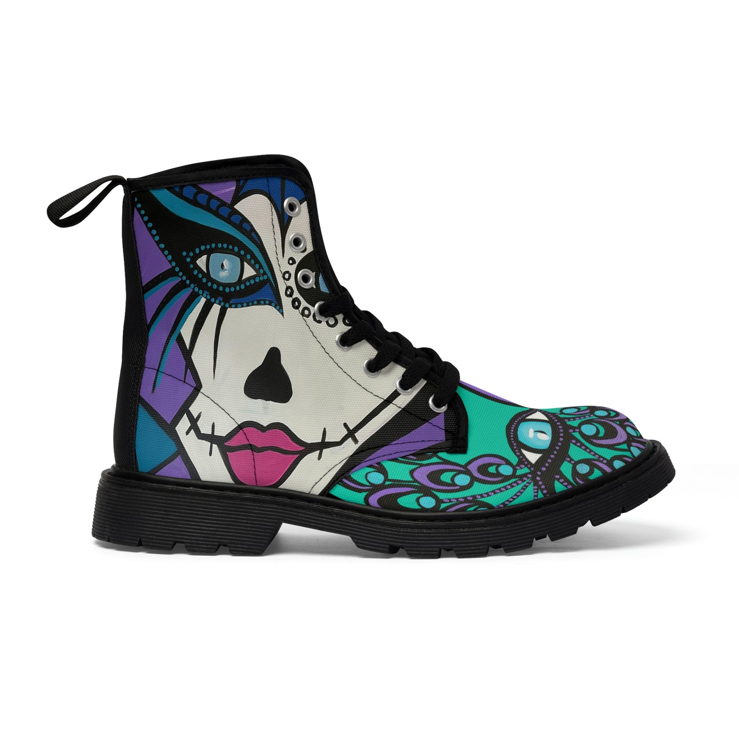 Aufnahme einer linken Außenseite eines Damenboots der Marke ZeniArt mit dem Motiv Mictecacihuatl Woman am Schuhhals und Peacok Woman auf dem Fußschaft